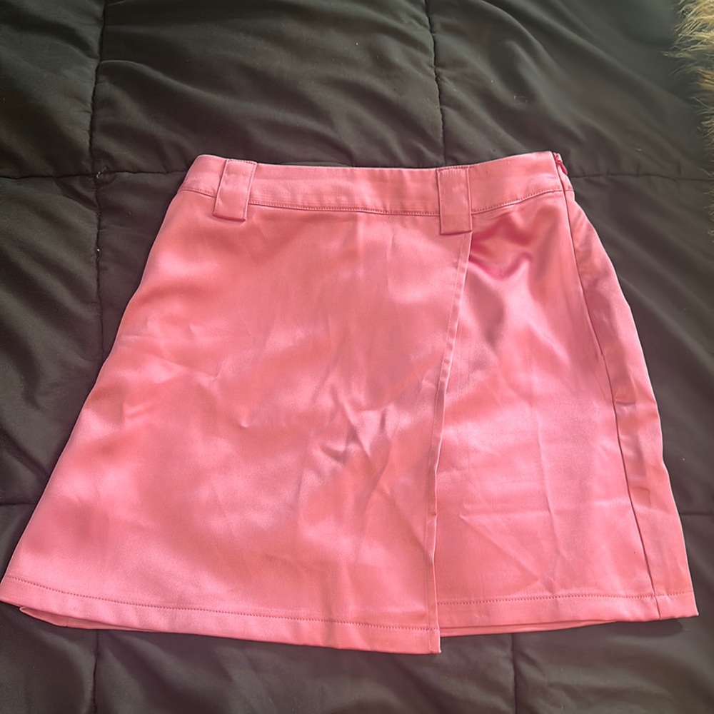 Asymmetrical pink satin skirt